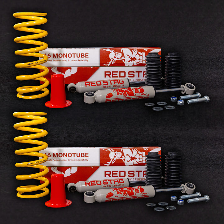 Full Single Axle Upgrade Kit for Jawa Offroad Campers. 
Including, 4 x monotube shock absorbers, 4 x shock absorber boots, 2 x coil springs, 2 x bump stops and 2 x fitment kits
